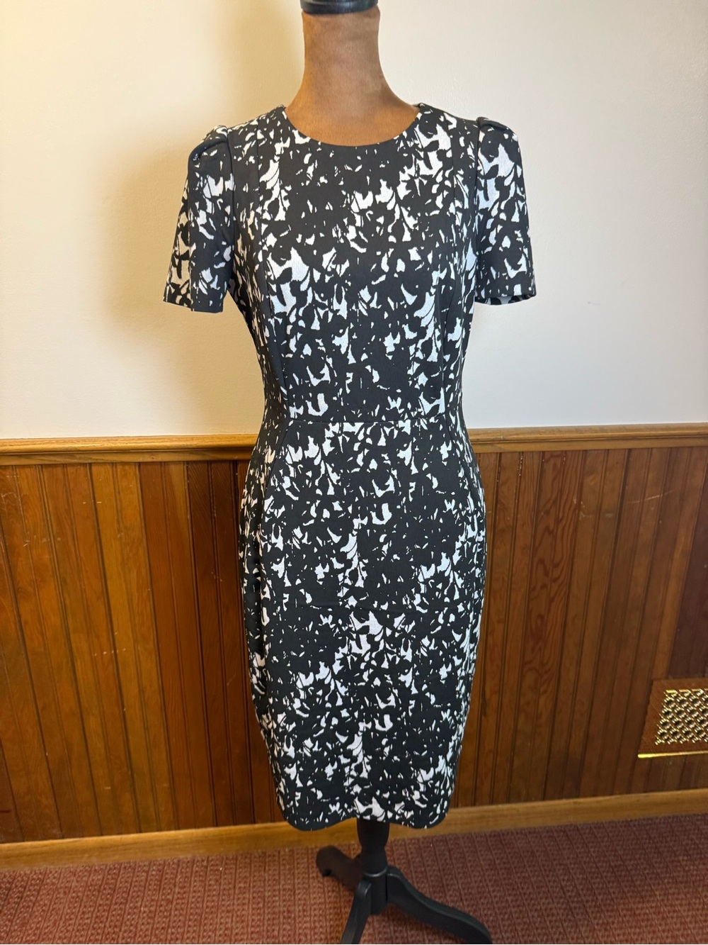 Calvin Klein Black and White Abstract Midi Sheath Dress